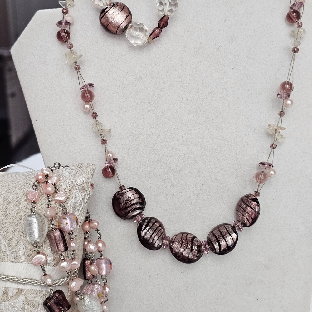 Glass Foil Bead and Pearl Necklace & Bracelets Bundle Set Shimmery Pink & Brown - Picture 2 of 12